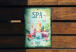 a sign that says spa day with candles and flowers