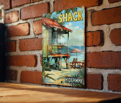 a picture of a shack on a brick wall