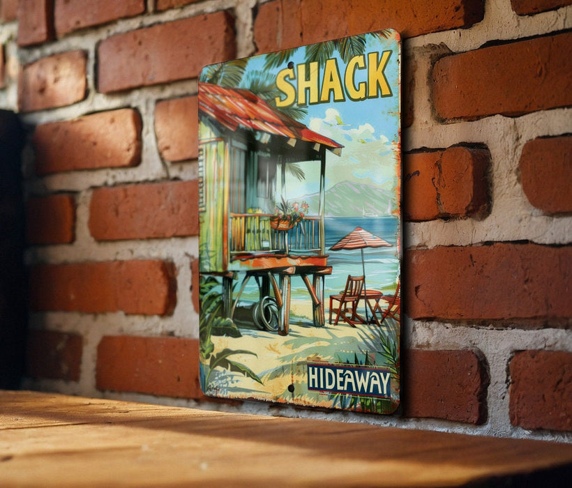 a picture of a shack on a brick wall