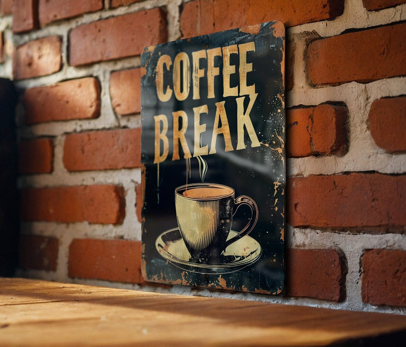 a sign on a brick wall that says coffee break