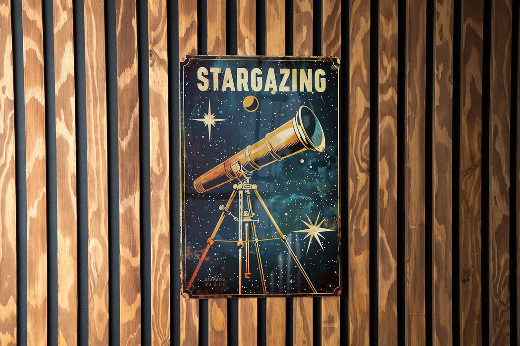a poster of a telescope on a wooden wall