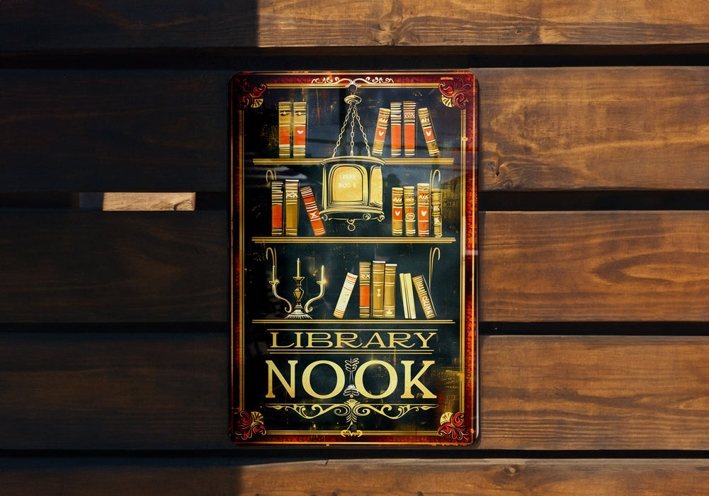 a sign on a wooden wall that says library nook