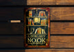 a sign on a wooden wall that says library nook
