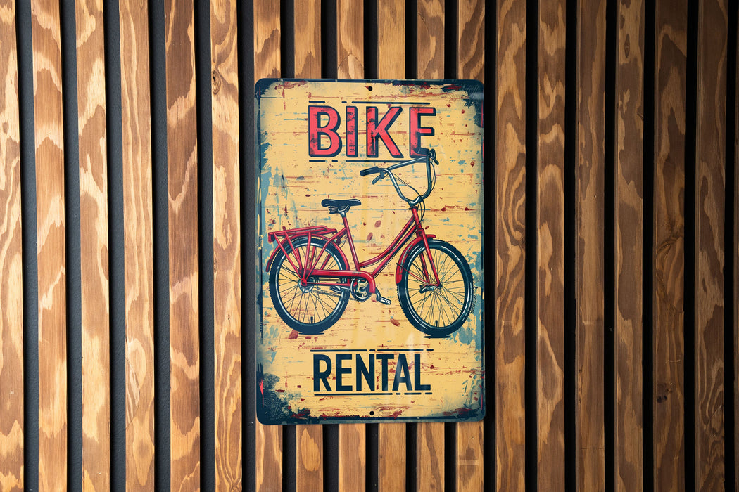 a sign on a wooden wall that says bike rental