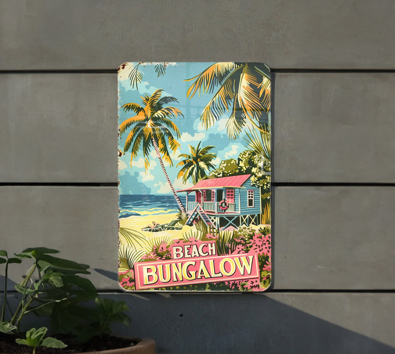 a sign on the side of a building that says beach bungalow