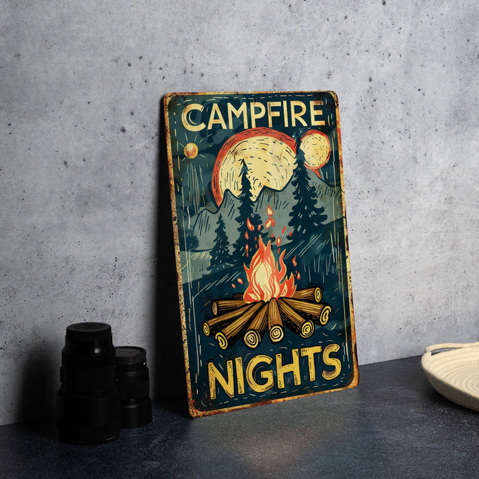 a campfire sign sitting on top of a table
