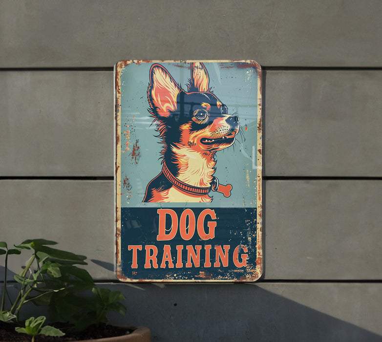 a dog training sign on the side of a building