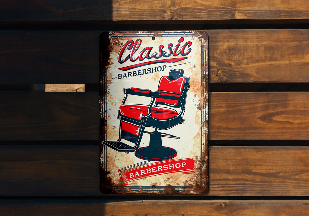 an old tin sign advertising a barbershop
