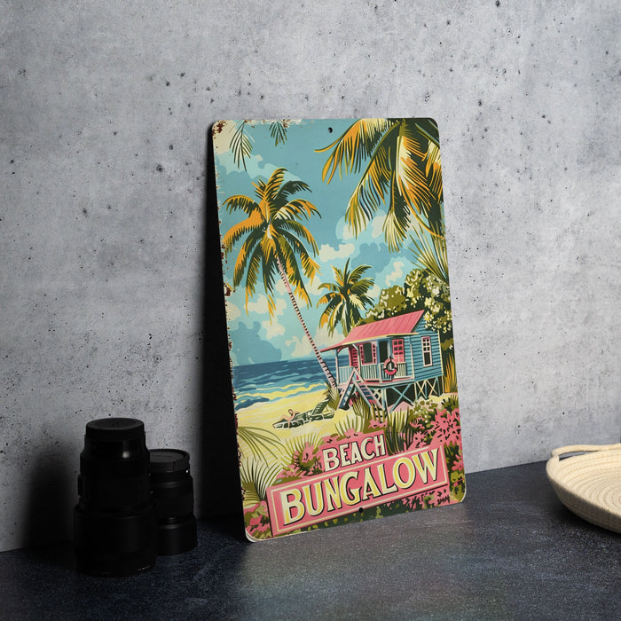a picture of a beach bungalow sign next to a pair of binoculars