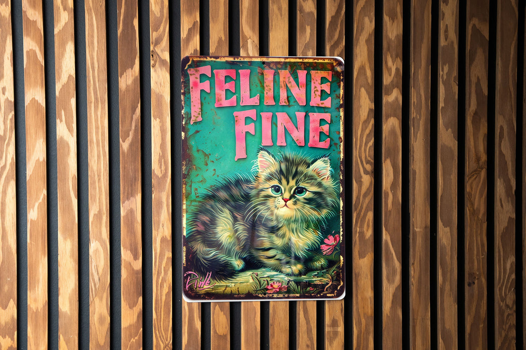 a metal sign with a kitten on it