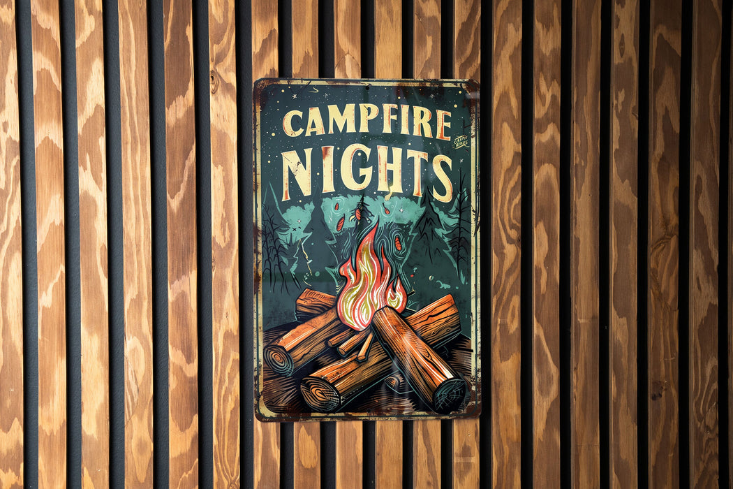 a campfire nights sign hanging on a wooden wall