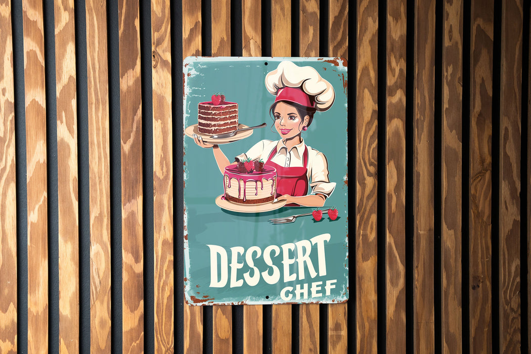 a sign that says dessert chef on a wooden wall