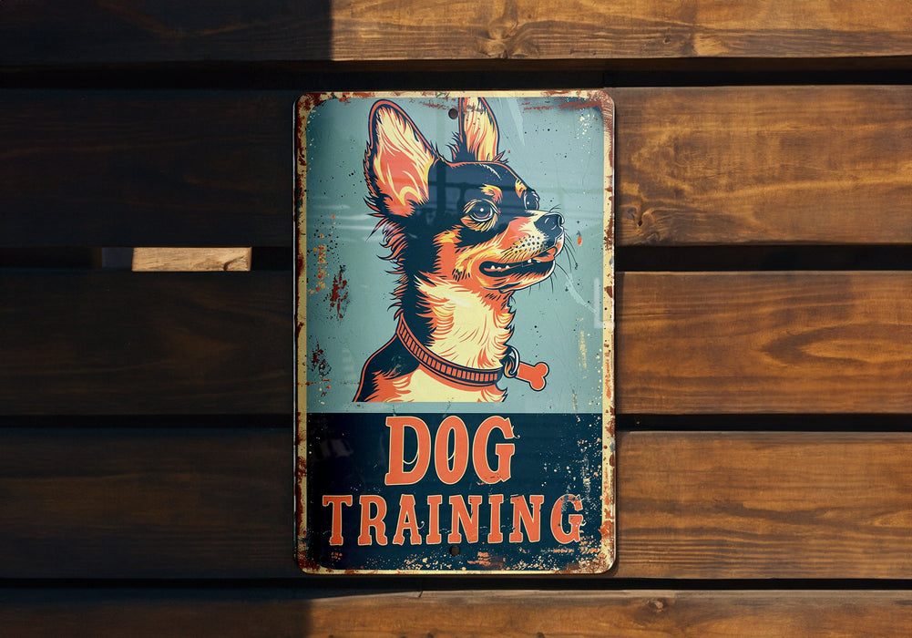 a dog training sign on a wooden wall