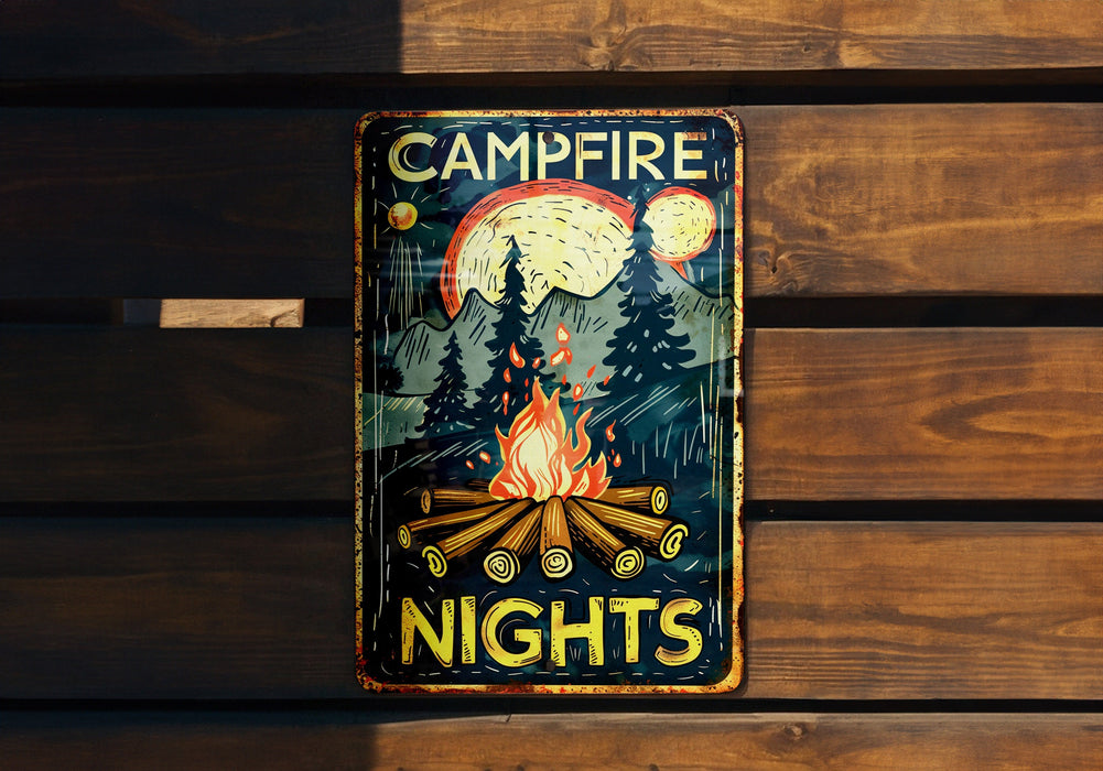 a campfire sign on a wooden wall