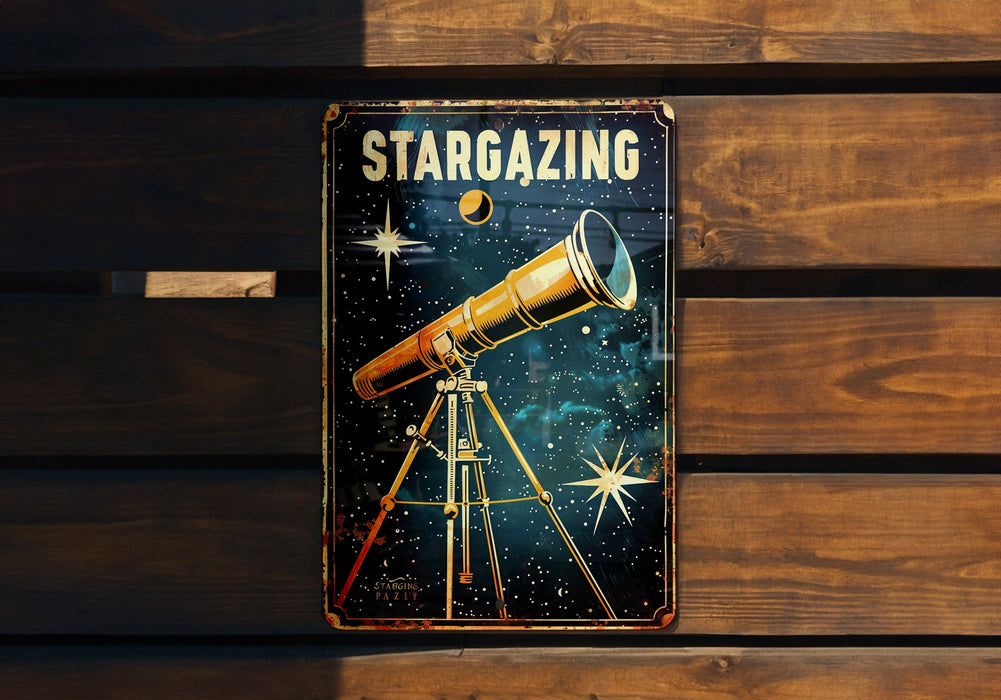 a metal sign with a telescope on top of it