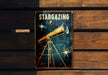 a metal sign with a telescope on top of it