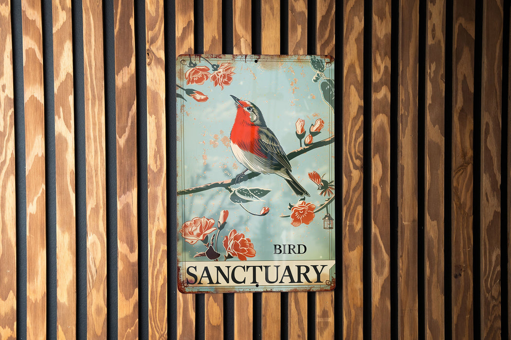 a red bird sitting on top of a sign on a wooden wall