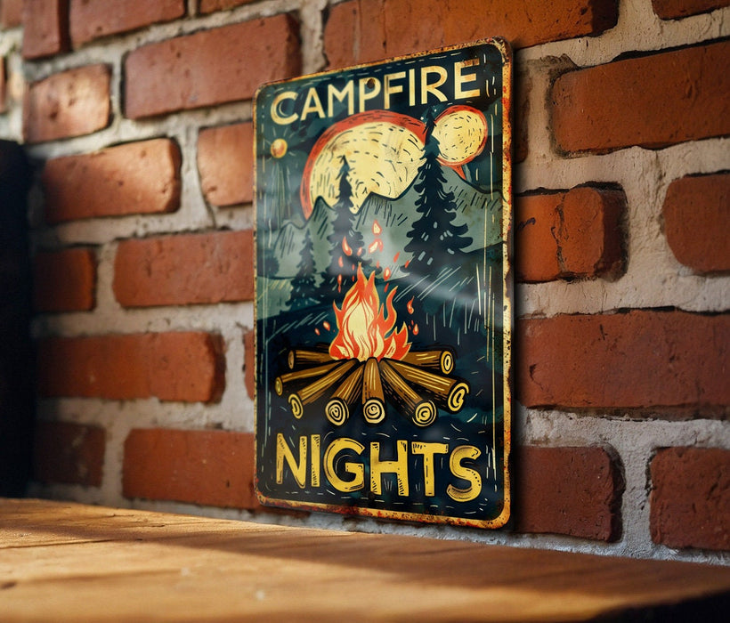 a picture of a campfire sign on a brick wall