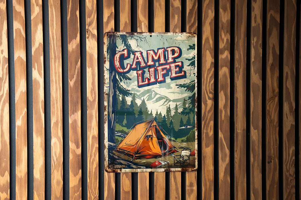 a camp life sign hanging on a wooden wall