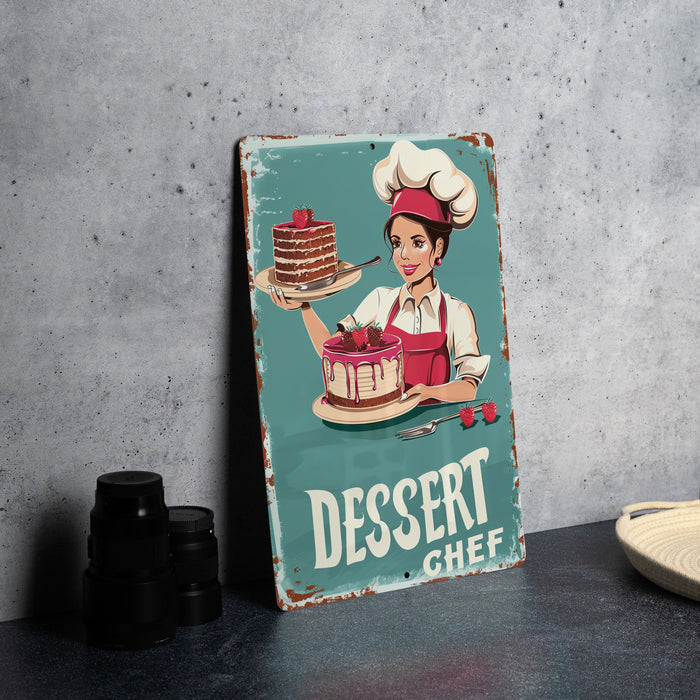 a sign with a picture of a woman holding a cake
