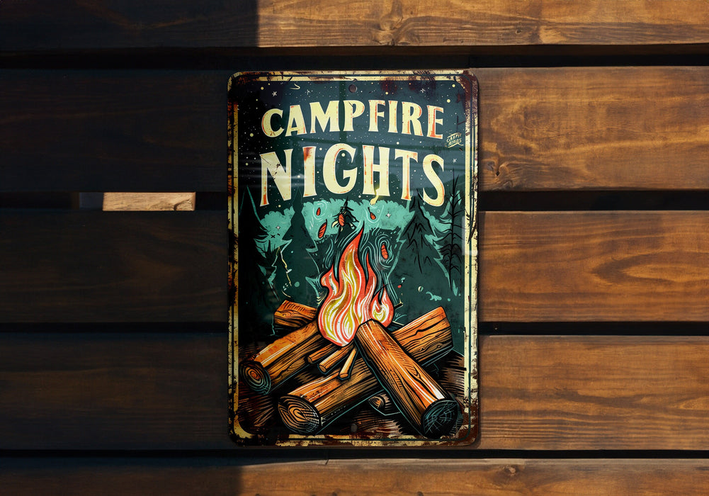 a campfire nights sign hanging on a wooden wall