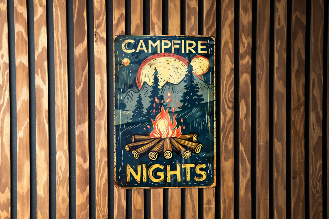 a campfire sign hanging on a wooden wall