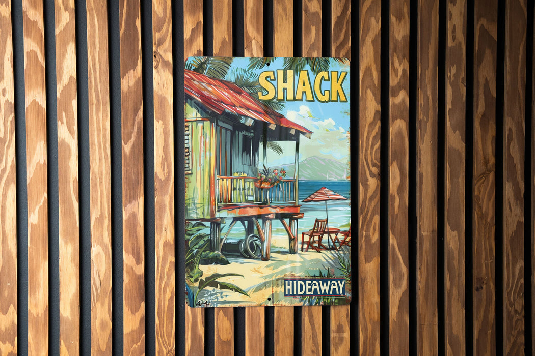 a poster of a shack on a wooden wall