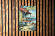 a poster of a shack on a wooden wall