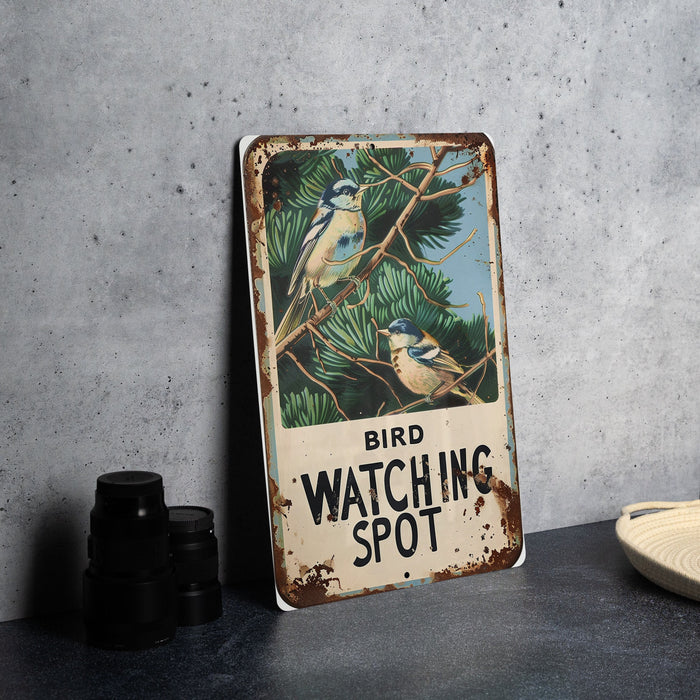 a bird watching spot sign next to binoculars