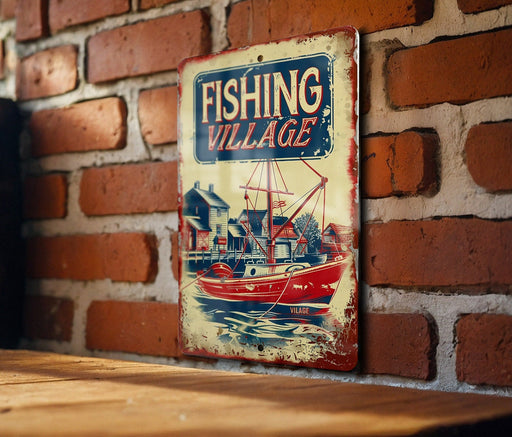a fishing village sign on a brick wall