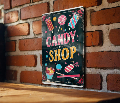 a candy shop sign on a brick wall