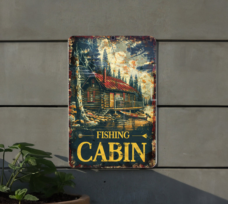 a fishing cabin sign hanging on the side of a building