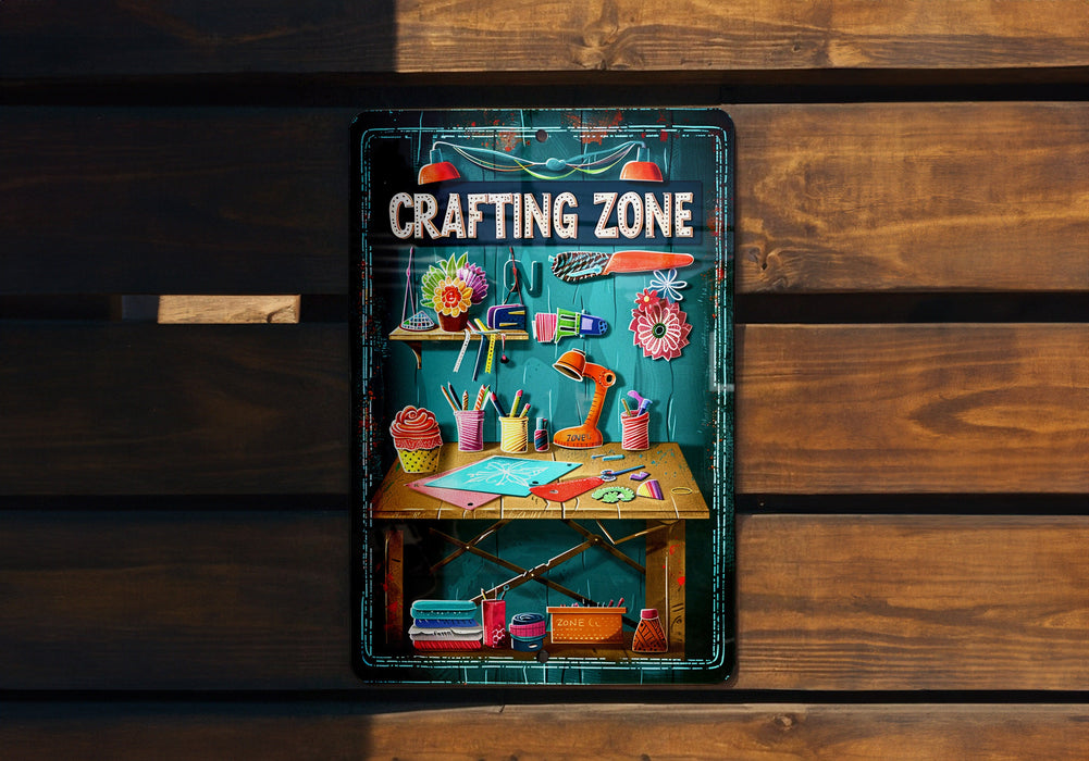 a picture of a crafting zone on a wooden wall