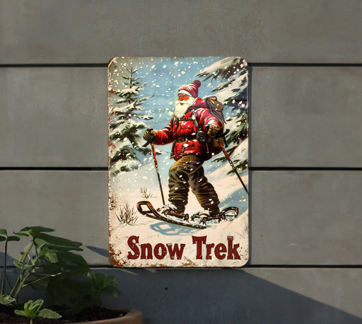 a snow trek sign hanging on a wall