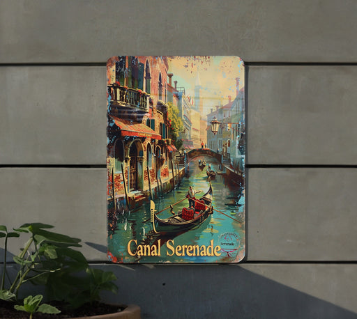 a picture of a canal scene on a sign