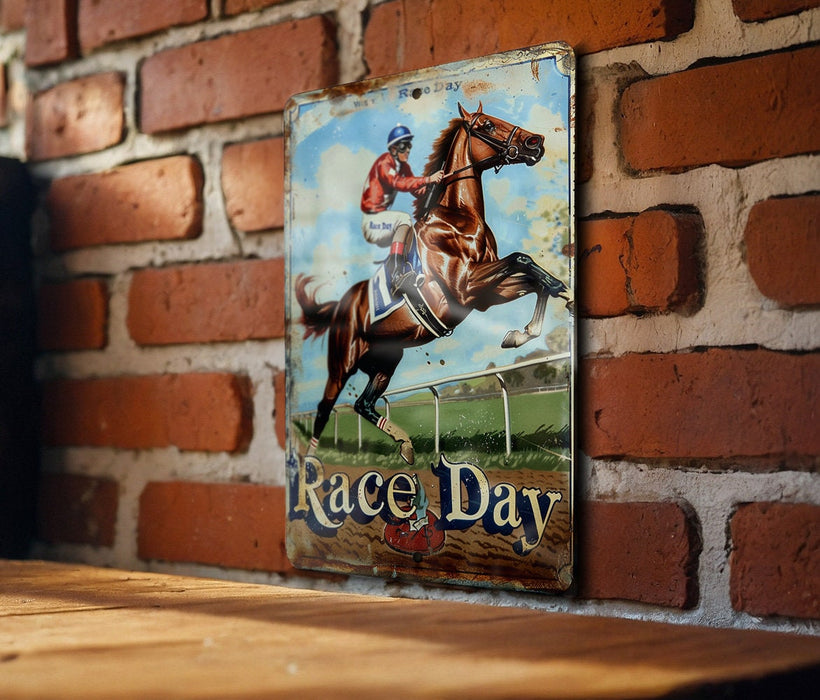 a picture of a horse racing on a brick wall