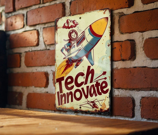 a sign on a brick wall that says tech innovate