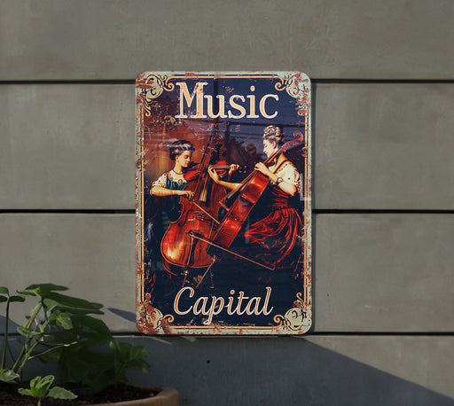 a metal sign that says music capital on it