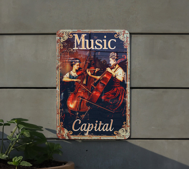 a metal sign that says music capital on it