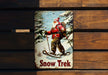 a picture of a man on skis on a wooden bench