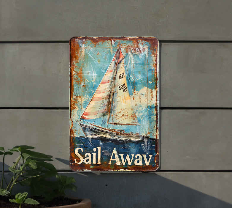 a rusted sail away sign hanging on the side of a building