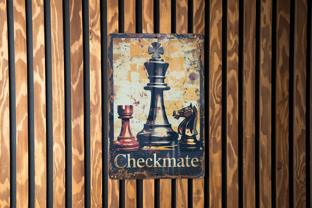 a sign on a wall that says checkmate