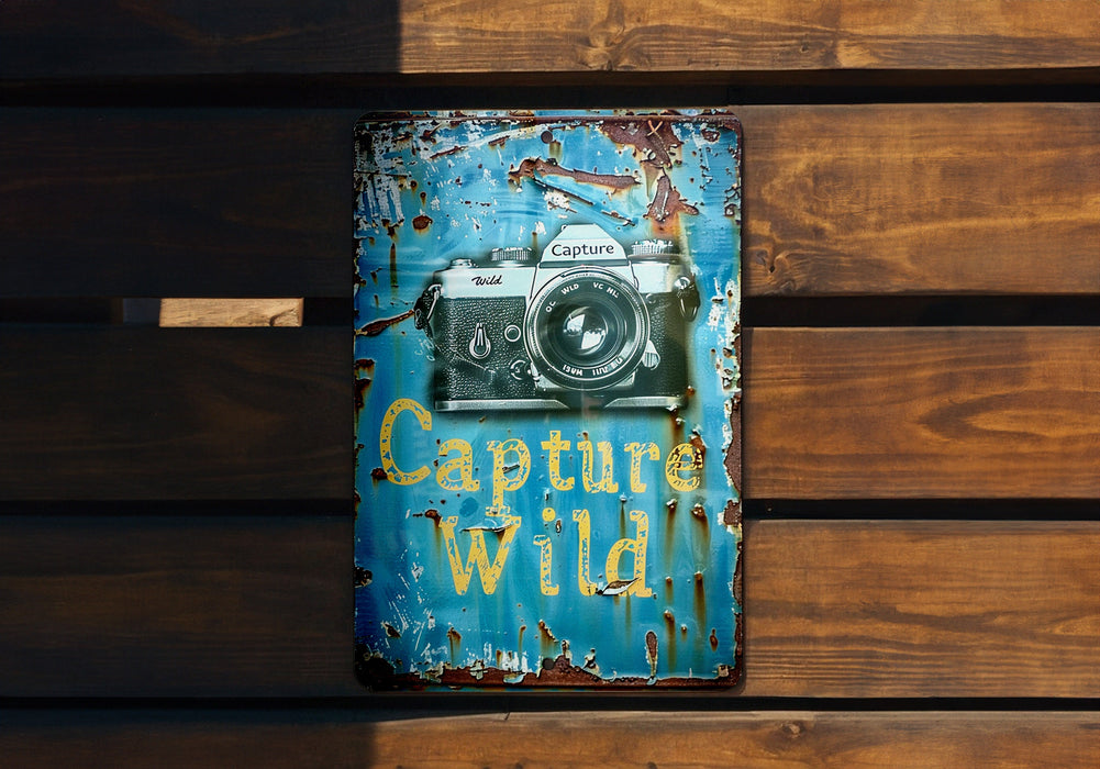 a wooden sign with a camera on it