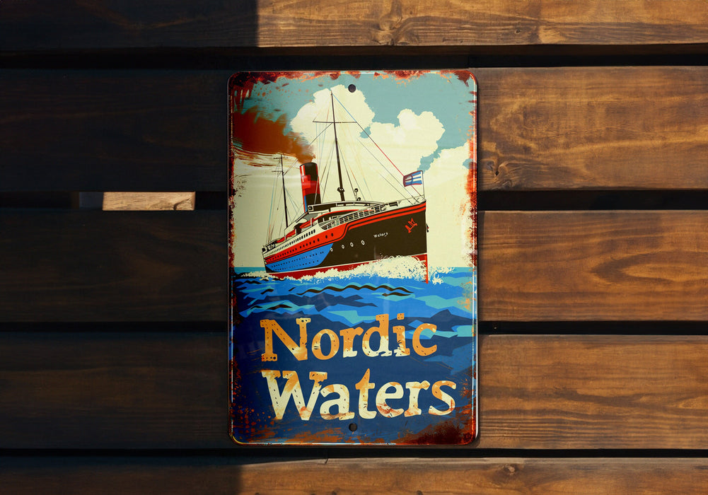 a sign on a wooden wall that says nordic waters