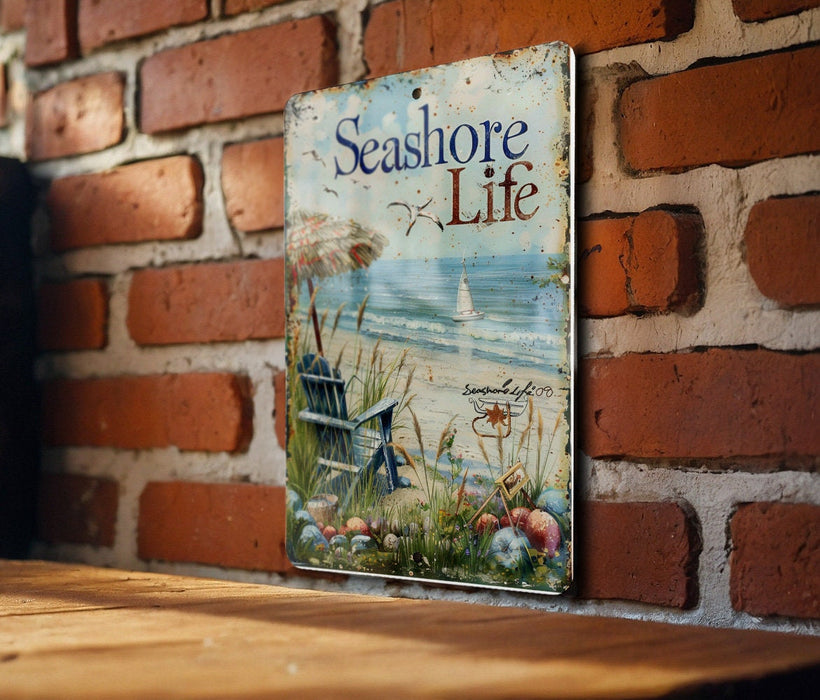 a sign on a brick wall that says seashore life
