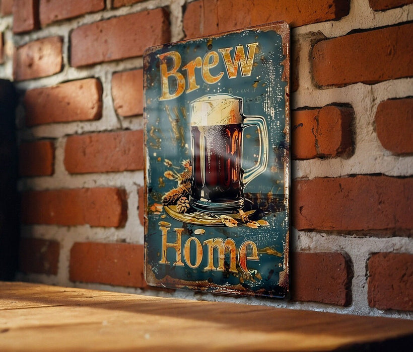 a sign on a brick wall that says brew home