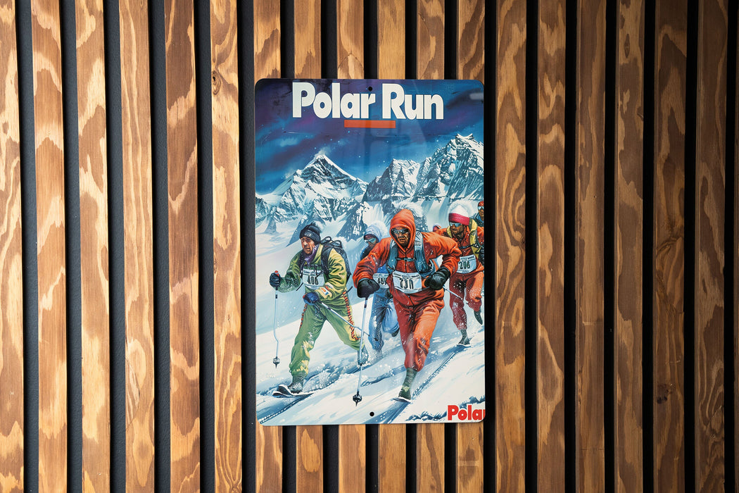 a poster of a group of skiers on a wooden wall