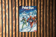 a poster of a group of skiers on a wooden wall