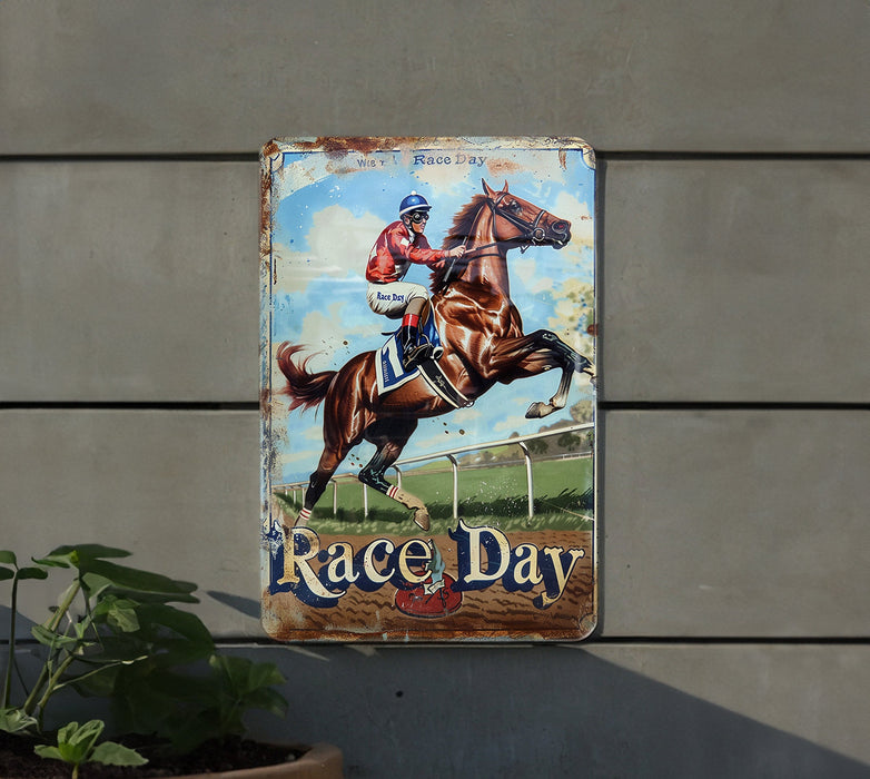 a sign on the side of a building that says race day
