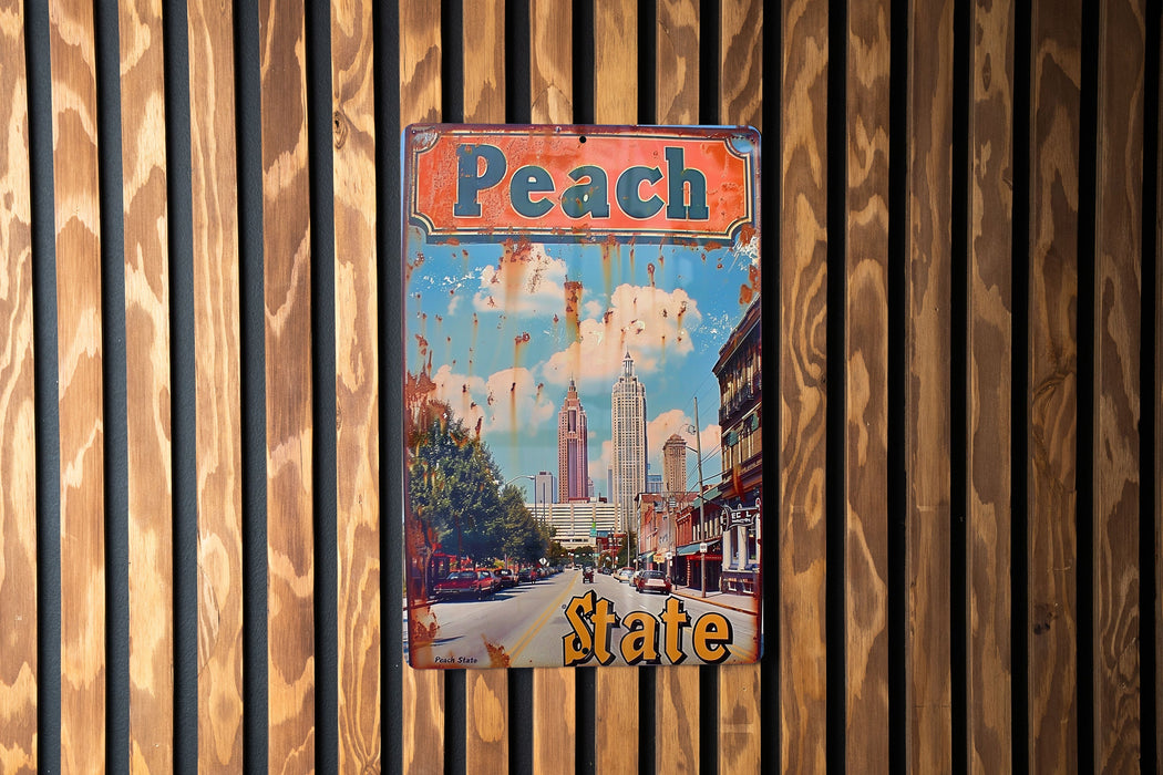 a sign on a wooden wall that says peach state